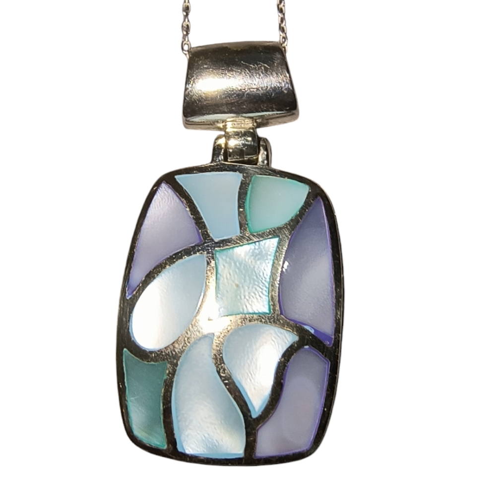 Sterling Silver & MOP Shell Mosaic Inlaid  Pendant Necklace